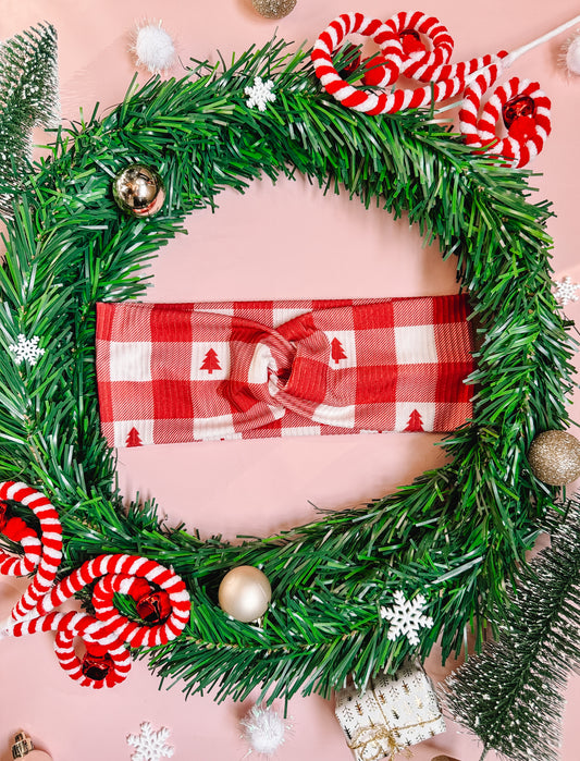 Tree Farm Gingham (Red) - Rib Knit Faux Knot Headband