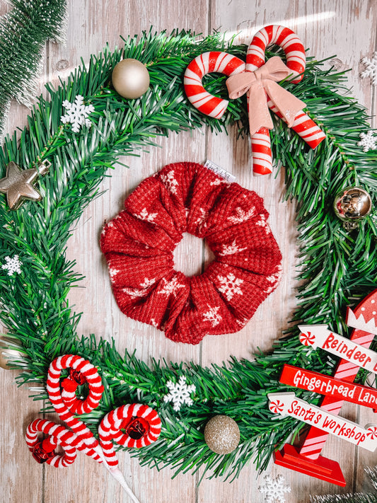 Red Snowflakes - Brushed Waffle Knit Fabric Scrunchie
