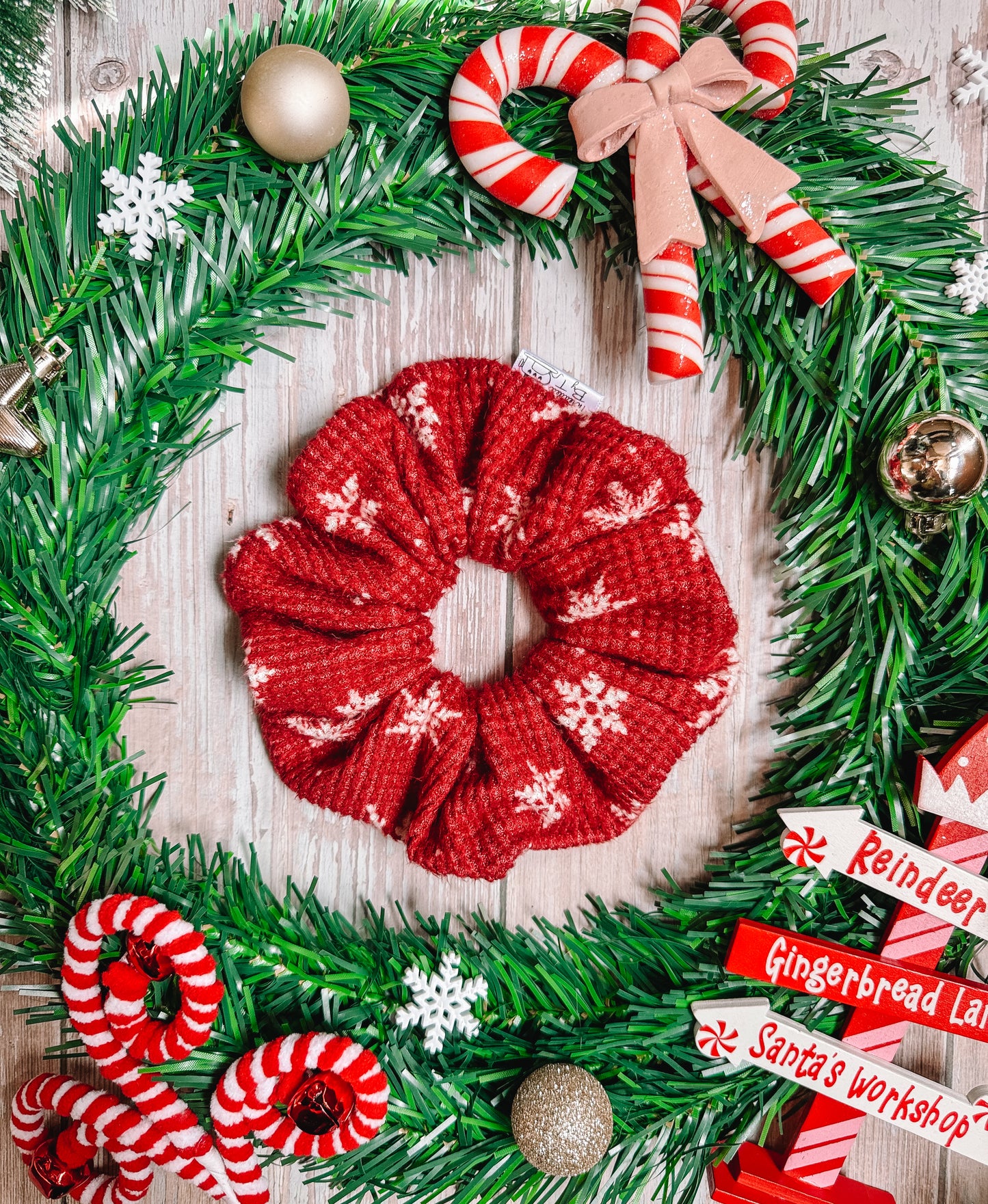 Red Snowflakes - Brushed Waffle Knit Fabric Scrunchie