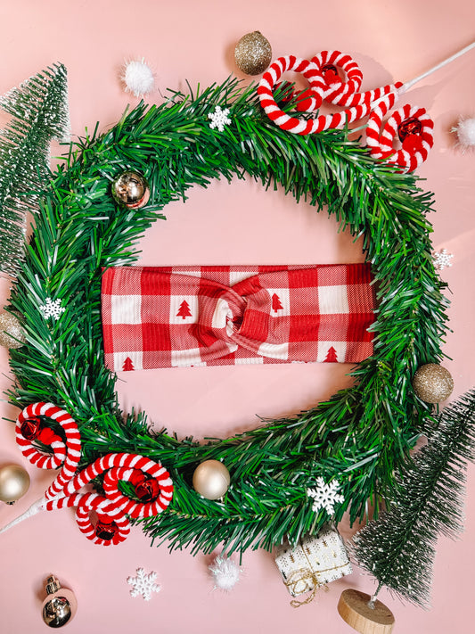 Tree Farm Gingham (Red) - Rib Knit Faux Knot Headband