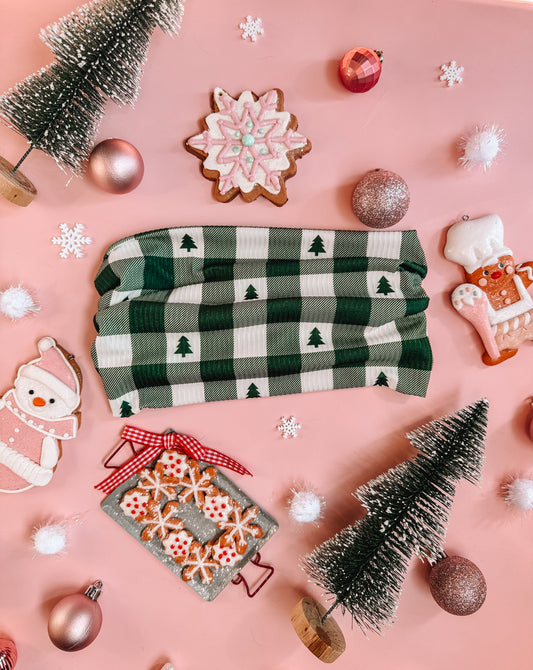 Tree Farm Gingham (Green) - Rib Knit Bandeau Band Headband