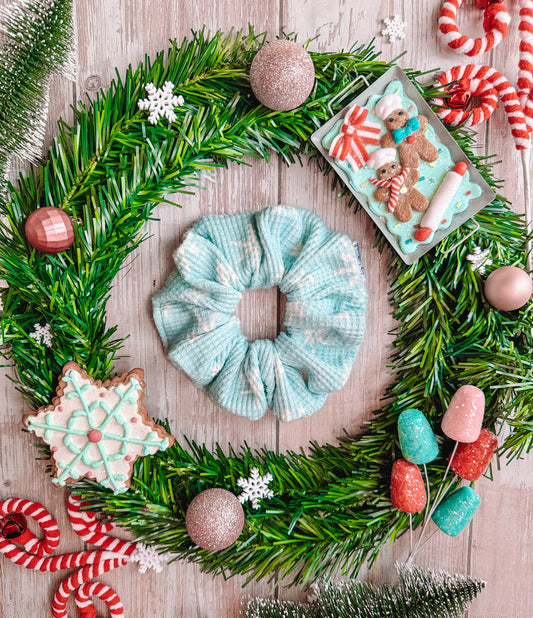 Blue Snowflakes - Brushed Waffle Knit Fabric Scrunchie