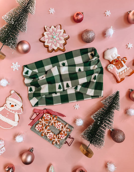 Tree Farm Gingham (Green) - Rib Knit Bandeau Band Headband