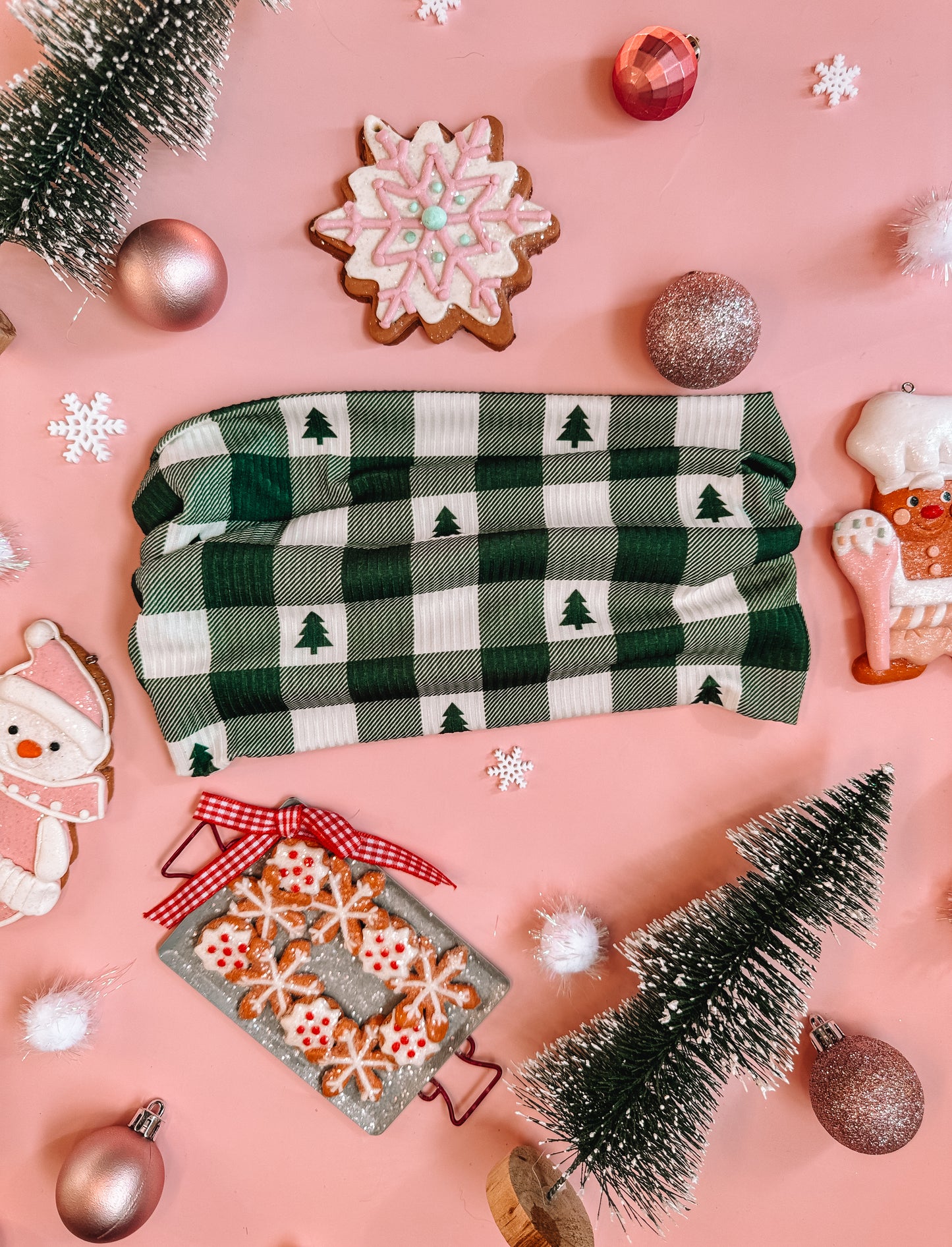 Tree Farm Gingham (Green) - Rib Knit Bandeau Band Headband