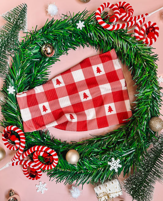 Tree Farm Gingham (Red) - Rib Knit Bandeau Band Headband