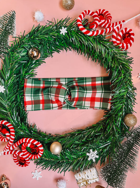 Mistletoe Plaid - Rib Knit Faux Knot Headband