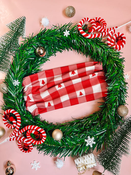 Tree Farm Gingham (Red) - Rib Knit Bandeau Band Headband