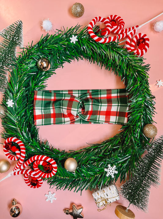 Mistletoe Plaid - Rib Knit Faux Knot Headband