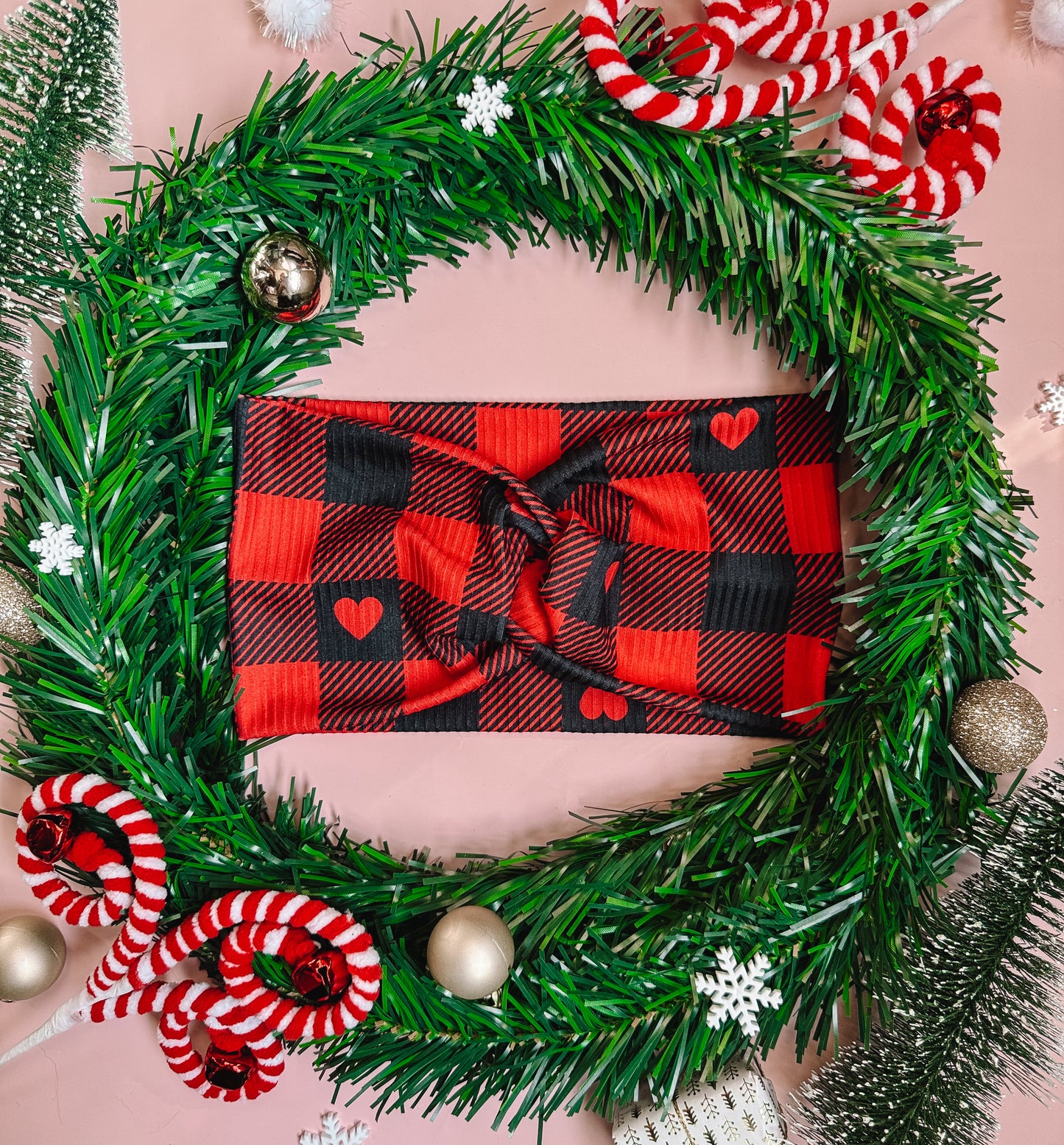 EXTRA WIDE: Season of Love Buffalo Plaid - Rib Knit Faux Knot Headband