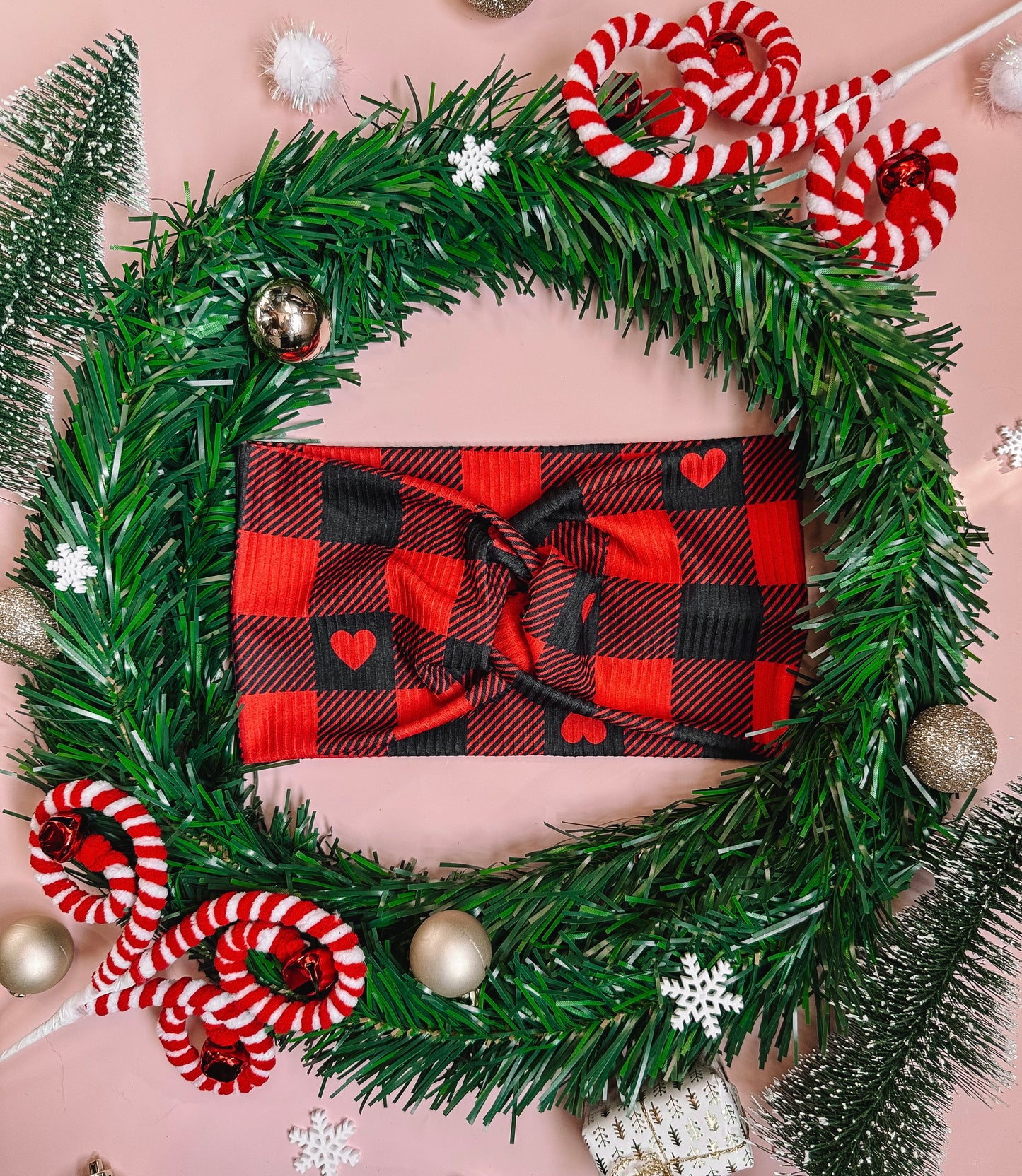 EXTRA WIDE: Season of Love Buffalo Plaid - Rib Knit Faux Knot Headband