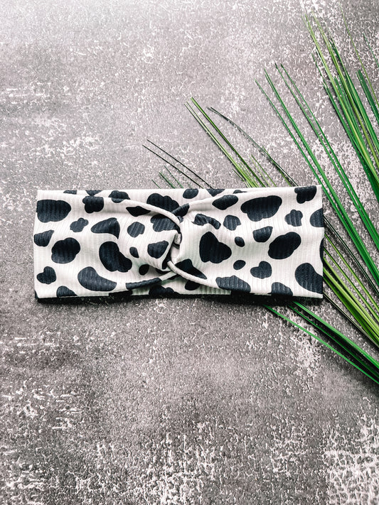 B&W Cow Print - Rib Knit Faux Knot Headband