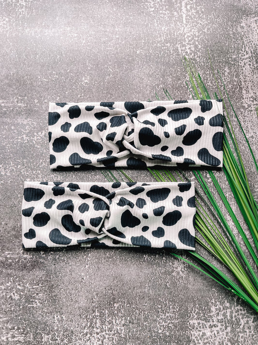 B&W Cow Print - Rib Knit Faux Knot Headband